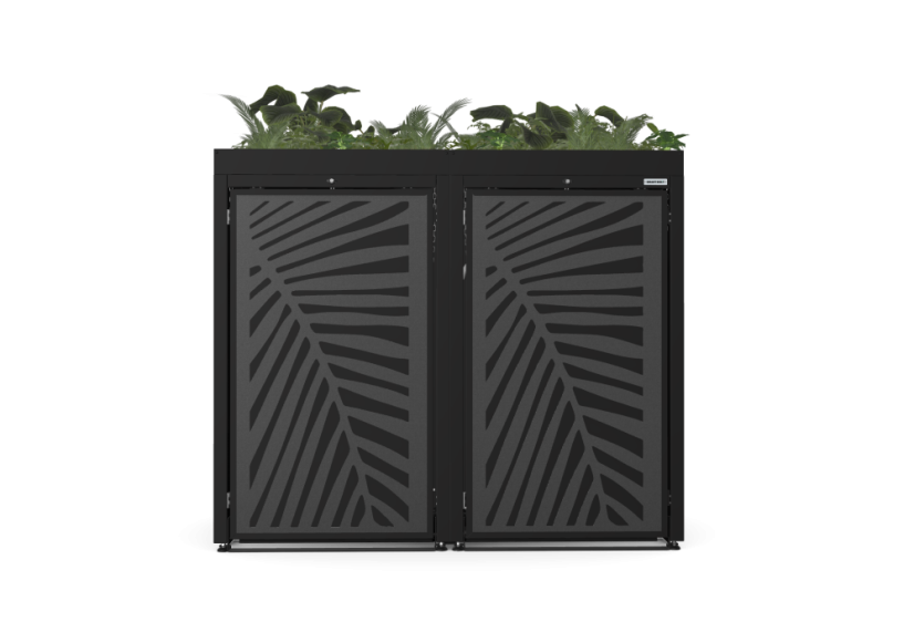 Boxy na 2 popelnice - Model FLORA / STEEL / LEAF Decor - Barva: RAL 7016 ( Antracit ), Barva dekoru: Černá