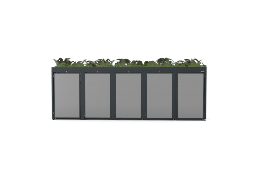 Boxy na 5 popelnic - Model FLORA / STEEL / FLAT Decor - Barva: RAL 7045 ( Světle-Šedá), Barva dekoru: Imitace rzi