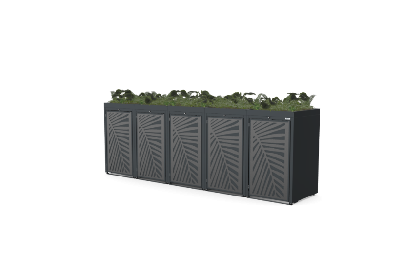 Boxy na 5 popelnic - Model FLORA / STEEL / LEAF Decor - Barva: RAL 7045 ( Světle-Šedá), Barva dekoru: Šedá