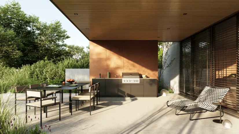 Kitchen Boxy - Venkovní kuchyně KB360 - Montáž (typ kuchyně): Montáž ke stěně, Pracovní deska: Barva/Dekor: Polyrey T006, Barva dveří a bočnic: Premium TIGER ROSSO, Model Grilu: Grandhall MAXIM G5, Baterie, dřez: Polar White