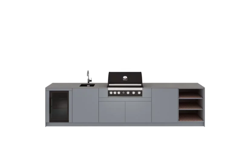 Kitchen Boxy - Venkovní kuchyně KB360 - Montáž (typ kuchyně): Montáž ke stěně, Pracovní deska: Barva/Dekor: Polyrey T006, Barva dveří a bočnic: Premium TIGER ROSSO, Model Grilu: Grandhall MAXIM G5, Baterie, dřez: Polar White