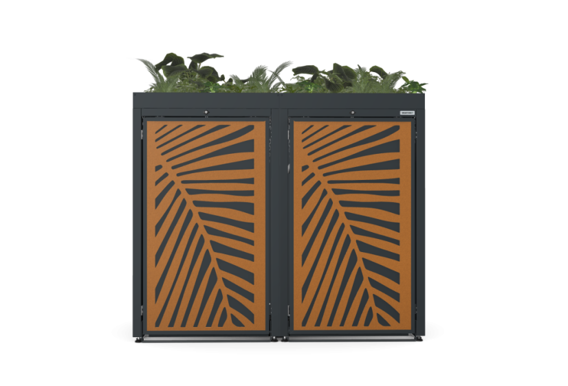 Boxy na 2 popelnice - Model FLORA / STEEL / LEAF Decor - Barva: RAL 7016 ( Antracit ), Barva dekoru: Černá