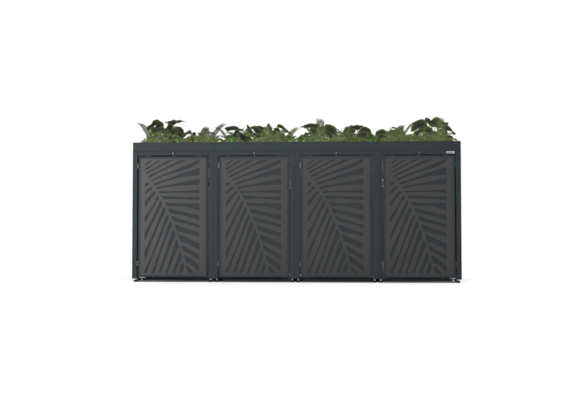 Boxy na 4 popelnice - Model FLORA / STEEL / LEAF Decor - Barva: RAL 9005 ( Černá), Barva dekoru: Imitace rzi