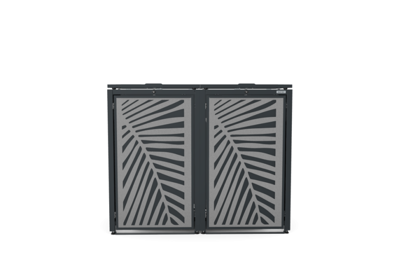 Boxy na 2 popelnice - Model HATCH / STEEL / LEAF Decor - Barva: RAL 7016 ( Antracit ), Barva dekoru: Šedá