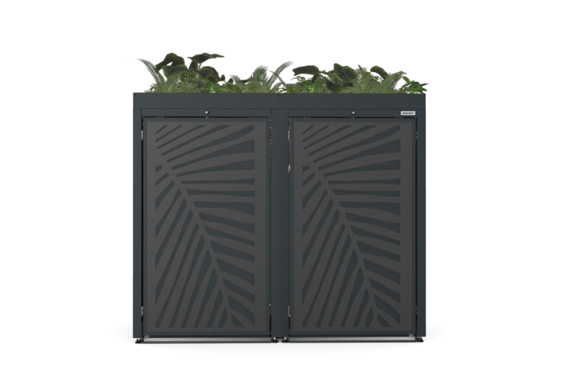 Boxy na 2 popelnice - Model FLORA / STEEL / LEAF Decor - Barva: RAL 7016 ( Antracit ), Barva dekoru: Černá