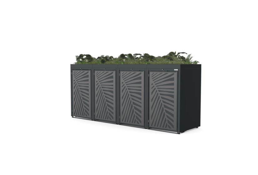 Boxy na 4 popelnice - Model FLORA / STEEL / LEAF Decor - Barva: RAL 9005 ( Černá), Barva dekoru: Imitace rzi