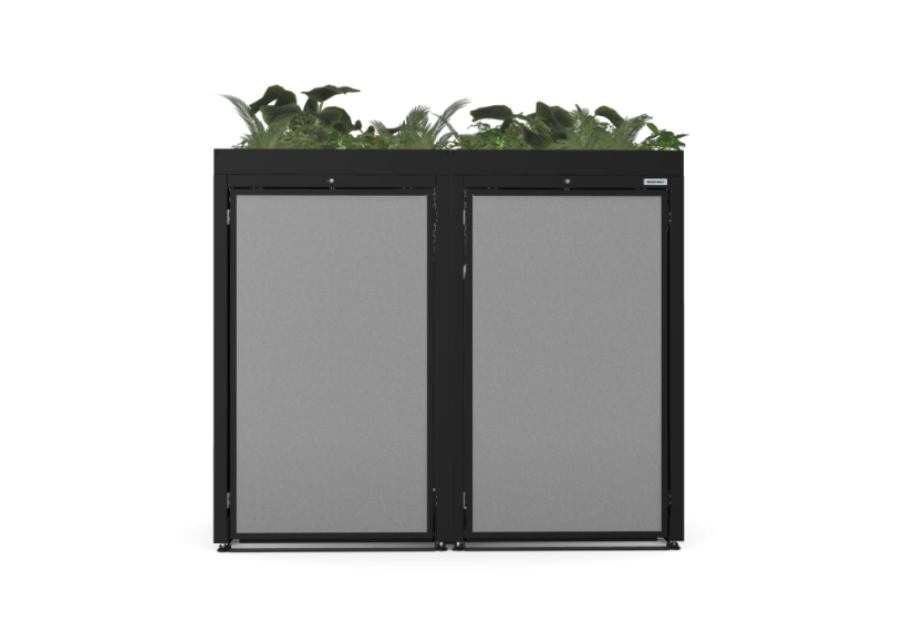 Boxy na 2 popelnice - Model FLORA / STEEL / FLAT Decor - Barva: RAL 9005 ( Černá), Barva dekoru: Imitace rzi