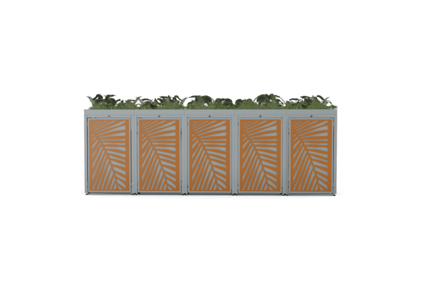 Boxy na 5 popelnic - Model FLORA / STEEL / LEAF Decor - Barva: RAL 9005 ( Černá), Barva dekoru: Černá