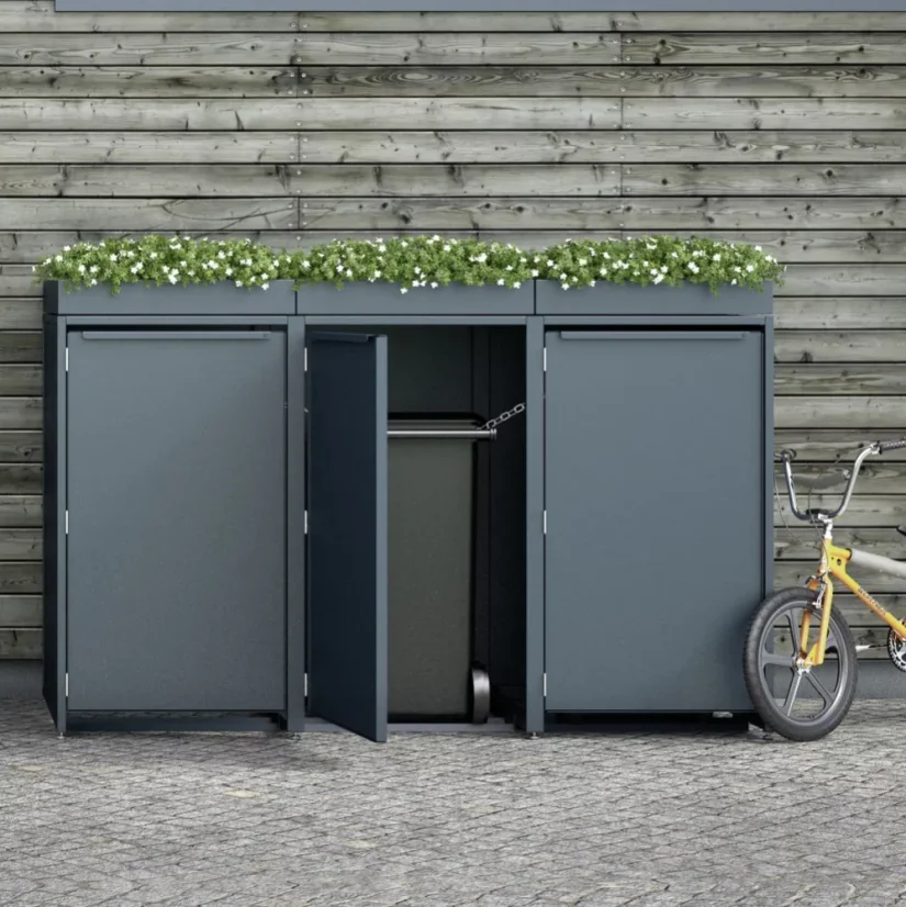Box na 1 popelnici - Model FLORA / STEEL / LEAF Decor - Barva: RAL 7016 ( Antracit ), Barva dekoru: Černá