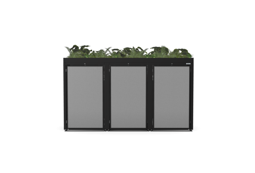 Boxy na 3 popelnice - Model FLORA / STEEL / FLAT Decor - Barva: RAL 9005 ( Černá), Barva dekoru: Imitace rzi