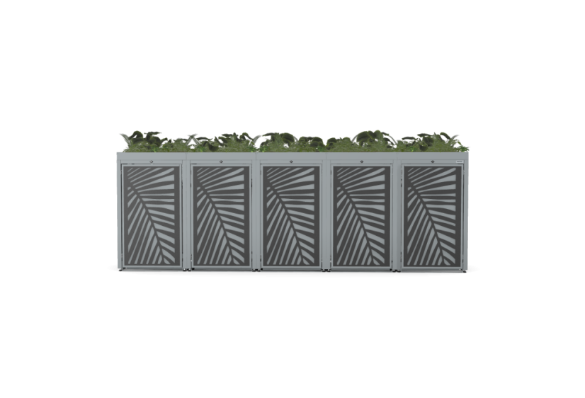 Boxy na 5 popelnic - Model FLORA / STEEL / LEAF Decor - Barva: RAL 7045 ( Světle-Šedá), Barva dekoru: Šedá