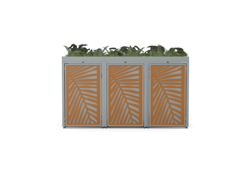Boxy na 3 popelnice - Model FLORA / STEEL / LEAF Decor - Barva: RAL 9005 ( Černá), Barva dekoru: Černá