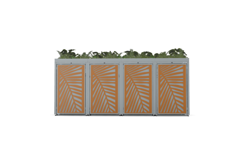Boxy na 4 popelnice - Model FLORA / STEEL / LEAF Decor - Barva: RAL 9005 ( Černá), Barva dekoru: Imitace rzi