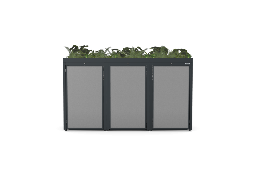 Boxy na 3 popelnice - Model FLORA / STEEL / FLAT Decor - Barva: RAL 9005 ( Černá), Barva dekoru: Imitace rzi