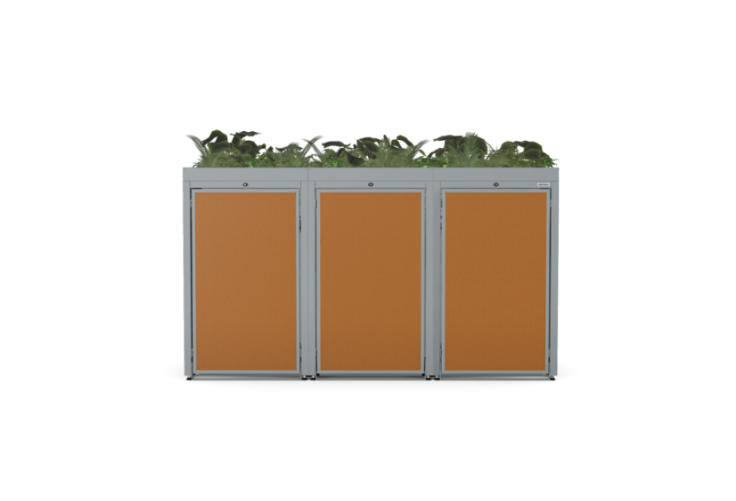 Boxy na 3 popelnice - Model FLORA / STEEL / FLAT Decor - Barva: RAL 9005 ( Černá), Barva dekoru: Imitace rzi