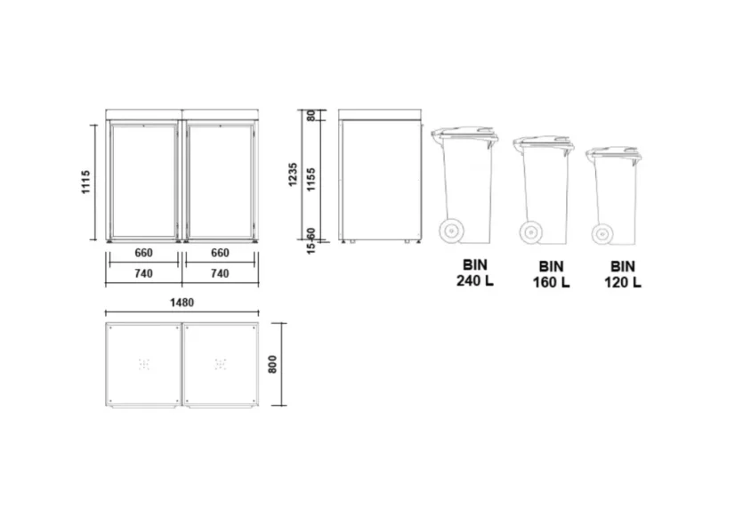 Boxy na 2 popelnice - Model HATCH / STEEL / LEAF Decor - Barva: RAL 7016 ( Antracit ), Barva dekoru: Černá