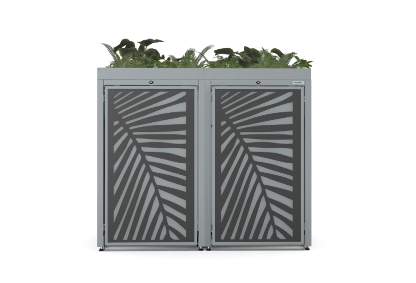 Boxy na 2 popelnice - Model FLORA / STEEL / LEAF Decor - Barva: RAL 7016 ( Antracit ), Barva dekoru: Černá