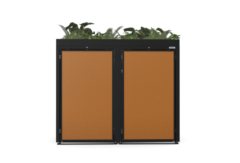 Boxy na 2 popelnice - Model FLORA / STEEL / FLAT Decor - Barva: RAL 9005 ( Černá), Barva dekoru: Imitace rzi