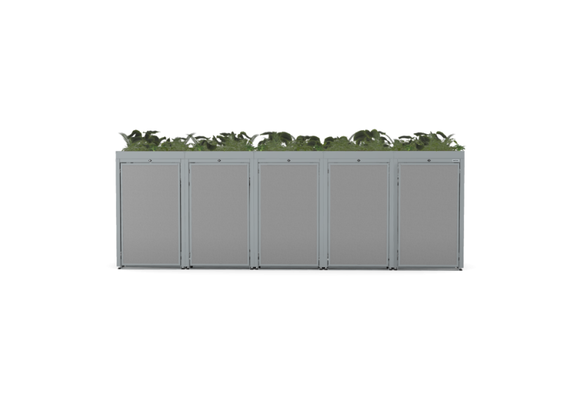 Boxy na 5 popelnic - Model FLORA / STEEL / FLAT Decor - Barva: RAL 7045 ( Světle-Šedá), Barva dekoru: Imitace rzi