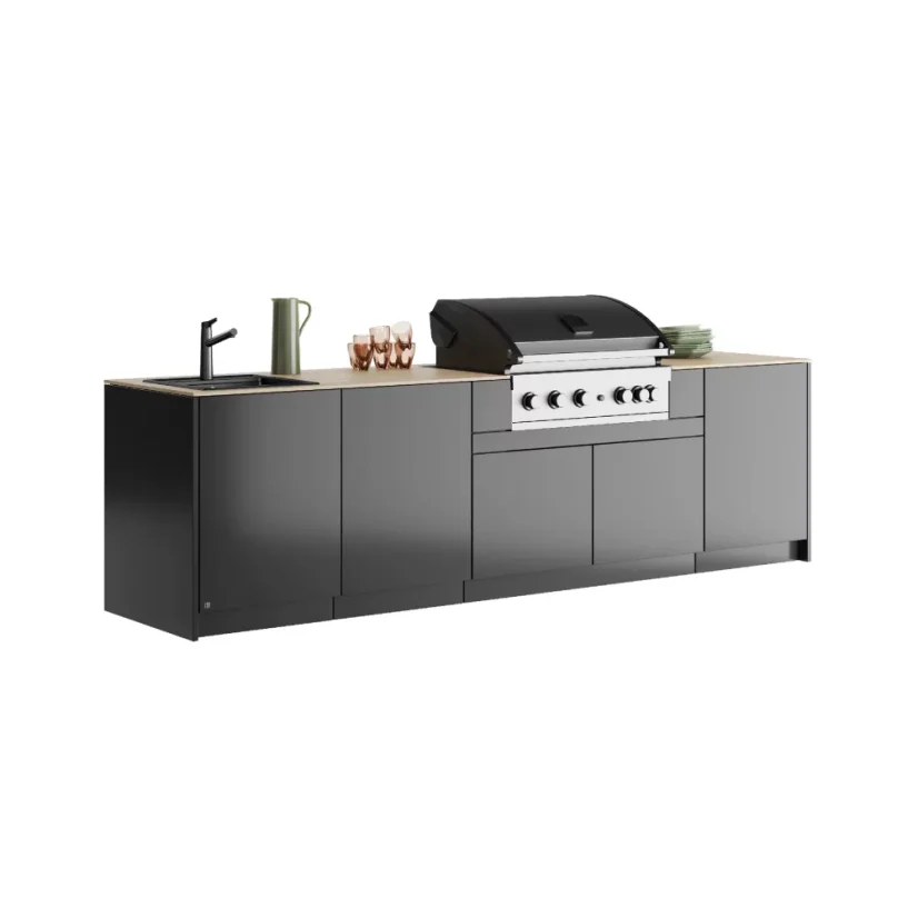 Kitchen Boxy - Venkovní kuchyně KB360 - Montáž (typ kuchyně): Montáž ke stěně, Pracovní deska: Barva/Dekor: Polyrey T006, Barva dveří a bočnic: Premium TIGER ROSSO, Model Grilu: Grandhall MAXIM G5, Baterie, dřez: Polar White